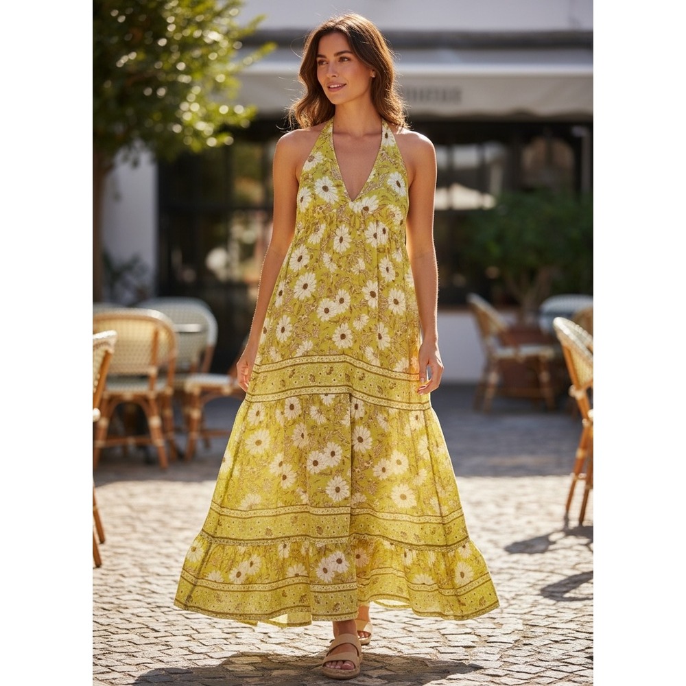 NWT BAND OF THE FREE Keahi Lime and Cream Floral Halter Maxi Dress - small